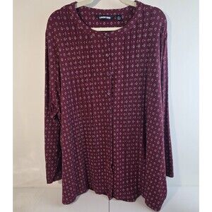 Lands' End Women's Red Geo Print Pintucked Long Slv Knit Button-Up Shirt Sz  3X